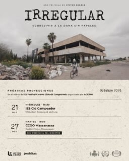 IRREGULAR sigue su recorrido por el XII Festival Cinema Ciutadà Compromés, organizado por @acicom_cc, Estas son las próximas proyecciones, todas con entrada libre:

📍 Miércoles 21 de octubre · 16:30
IES Cid Campeador
C/ Guillem Despuig, 8, València

📍 Martes 27 de octubre · 19:00
CCOO Massanassa
Auditori Seguí, Massanassa
Con la presencia del director, Víctor Suárez.

IRREGULAR: Sobrevivir a la DANA sin papeles sigue a varias personas migrantes en situación administrativa irregular afectadas por la DANA durante los meses del proceso de regularización extraordinaria que se abrió posteriormente.

Dirigida por Víctor Suárez. Una producción de Les Veus de la DANA y Associació Possibilitats.

Entrada libre.

______

IRREGULAR continua el seu recorregut pel XII Festival Cinema Ciutadà Compromés, organitzat per @acicom_cc. Aquestes són les pròximes projeccions, totes amb entrada lliure:

📍 Dimecres 21 d’octubre · 16:30
IES Cid Campeador
C/ Guillem Despuig, 8, València

📍 Dimarts 27 d’octubre · 19:00
CCOO Massanassa
Auditori Seguí, Massanassa
Amb la presència del director, Víctor Suárez.

IRREGULAR: Sobreviure a la DANA sense papers segueix diverses persones migrants en situació administrativa irregular afectades per la DANA durant els mesos del procés de regularització extraordinària que es va obrir posteriorment.

Dirigida per Víctor Suárez. Una producció de Les Veus de la DANA i Associació Possibilitats.

Entrada lliure.

#irregular #lesveusdeladana